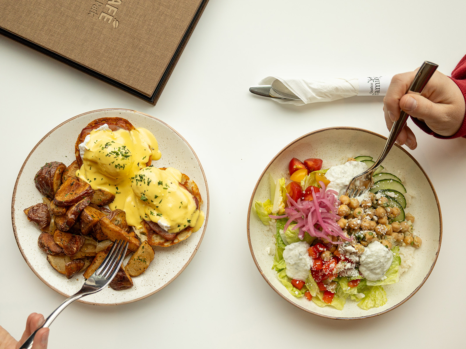 eggs benedict and greek rice bowl